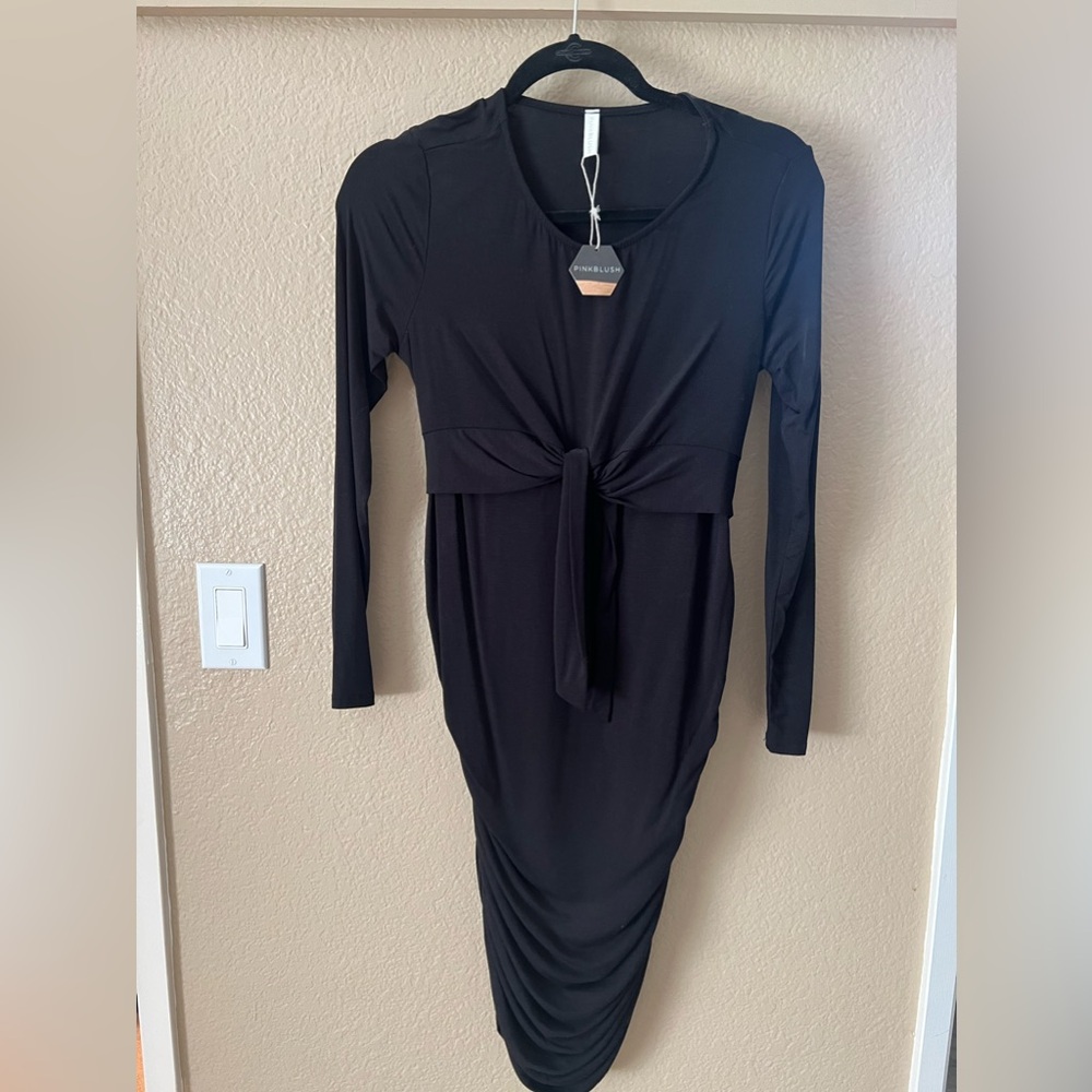 NWT- PinkBlush Maternity:Black Ruched Fitted Front Bow Maternity/Nursing Dress